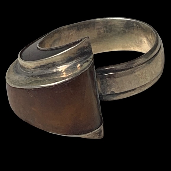 Vintage FCA Amber Inlay Taxco Mexico Sterling Silver Modernist Unique Men’s Ring - Picture 4 of 14